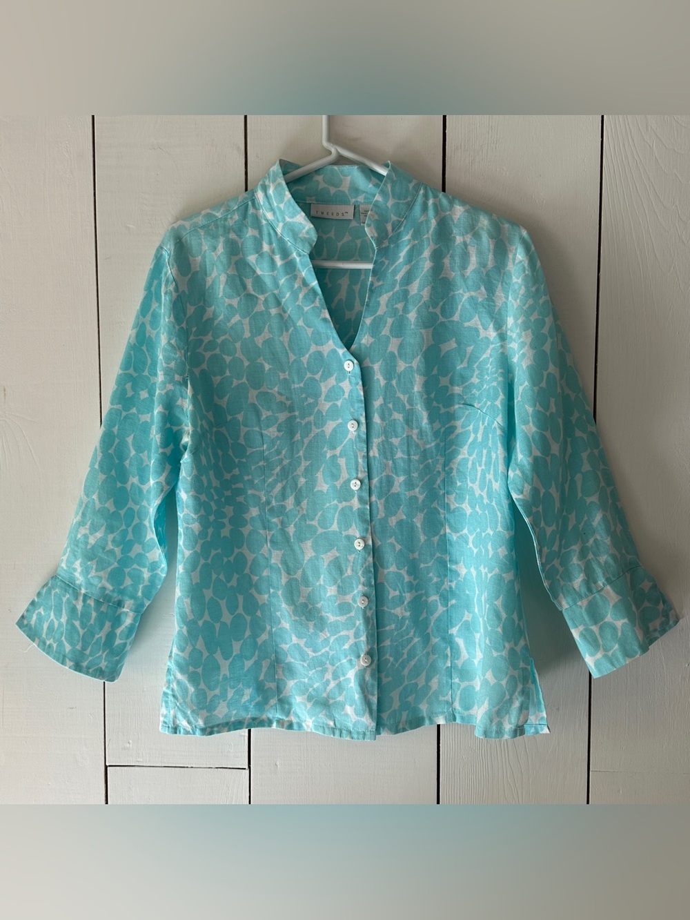 VTG Tweeds Linen Button-Up Top M Aqua Blue White Organic Stone Print High Neck